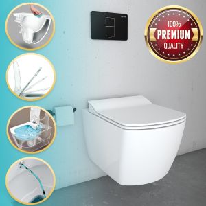 Hänge Dusch WC, WC mit Taharet Bidet Toilette + WC-Deckel Softclose, Spülrandlos
