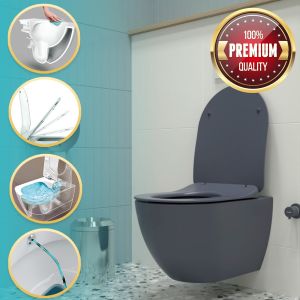 Hänge-WC Basalt matt,  Spülrandloses-WC mit Taharet Bidet Funktion, Toilette inkl. Softclose-Deckel